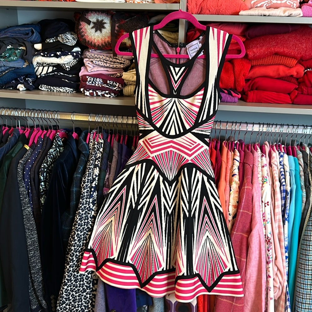 Herve Leger Black and Pink Geometric Dress